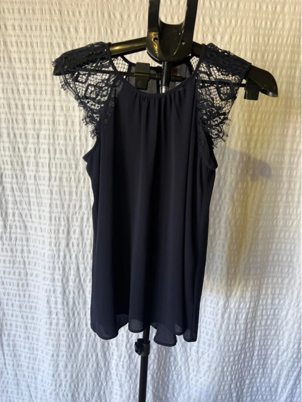 Xhiliration Sz Sm Sheer Navy Top with Lace Cap Sleeves
